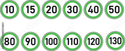 Speed limit icons set, green circular road signs with numbers, traffic regulation symbols for driving safety education and urban highways