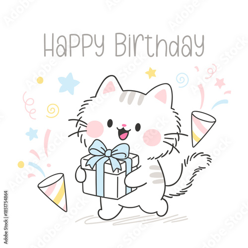 Cute kawaii cat holding a birthday gift with confetti and 