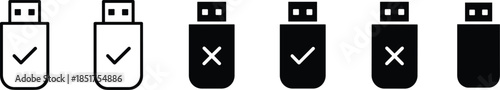 USB flash drive icons, data storage symbols, device status indicators, check mark and X mark, digital interface, tech UI elements