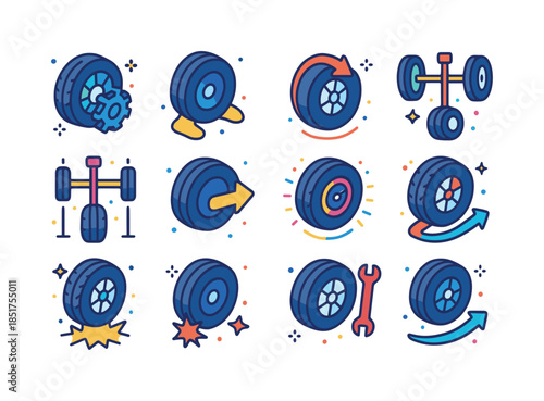 Colorful Wheel Dynamics Icons. Wheel dynamics. Colorful isometri