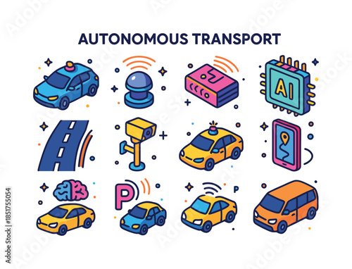 Autonomous Transport Icons. Autonomous Transport. Colorful isome