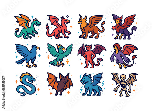 Colorful Winged Beasts Icons. Winged Beasts. Colorful isometric