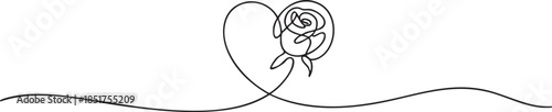 Continuous one line drawing of a rose forming a heart shape with its stem, minimalist floral love concept for Valentine’s Day, vector illustration