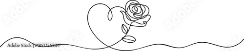 Continuous one line drawing of a rose forming a heart shape with its stem, minimalist floral love concept for Valentine’s Day, vector illustration