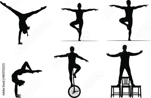 Balancing silhouette figures, yoga poses, handstand, unicycle act, physical control, circus skills, black design, isolated white background