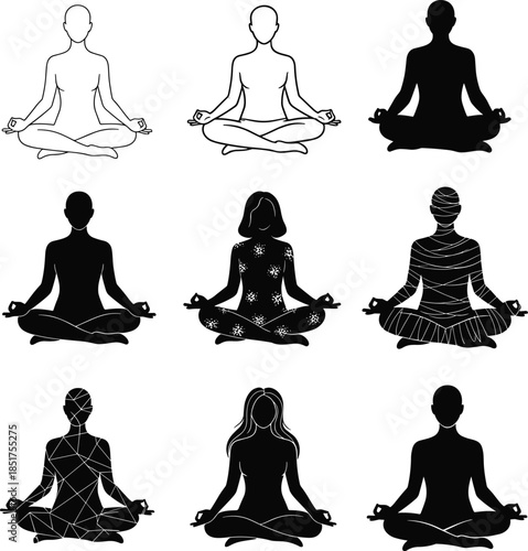 Meditation silhouette grid, diverse poses, spiritual figures, yoga practice, artistic variation, black design, calm energy, isolated white background