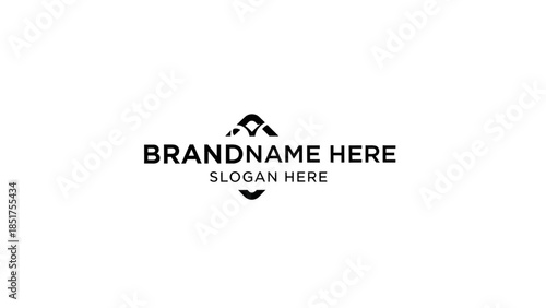 Modern abstract black logo design with stylized mountain and curved elements, bold sans-serif placeholder text.