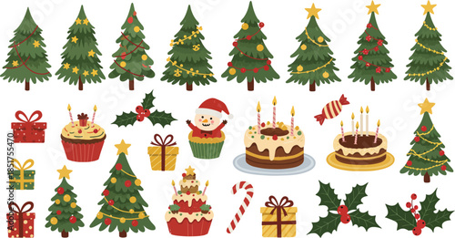 Whimsical watercolor christmas village with colorful houses and trees