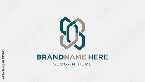 Modern abstract logo with interconnected teal and taupe geometric links, featuring placeholder brand name and slogan text.