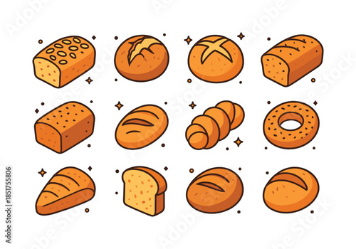 Rustic Bread Icons. Rustic breads. Colorful isometric vector ico