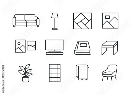 Modern Living Room Icons. Modern living room. Line icon set of m
