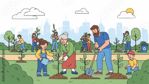 Diverse group of people planting trees in a park setting.