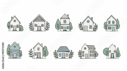 Collection of Hand Drawn Houses and Trees in Sketch Style.