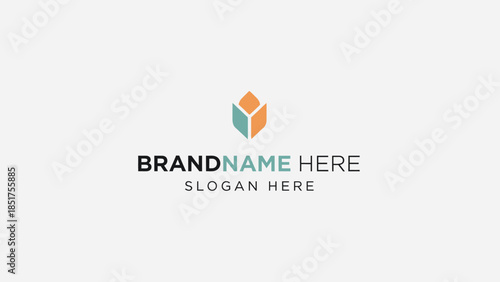 Modern geometric logo with teal and orange abstract shapes, resembling a flower bud or open book.