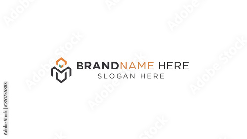 Modern geometric logo with abstract human figure icon in dark grey, orange, green, next to brand text