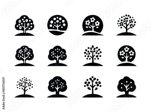 Lone Tree Icons. lone tree in field. Icon set. Set Logo of lone