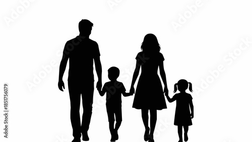 Silhouette of a family walking together holding hands.