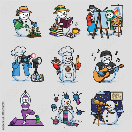 Snowmen engaging in various hobbies and activities