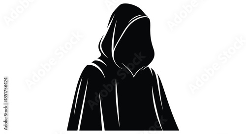 Dark hooded figure with obscured face a mysterious and dramatic black silhouette