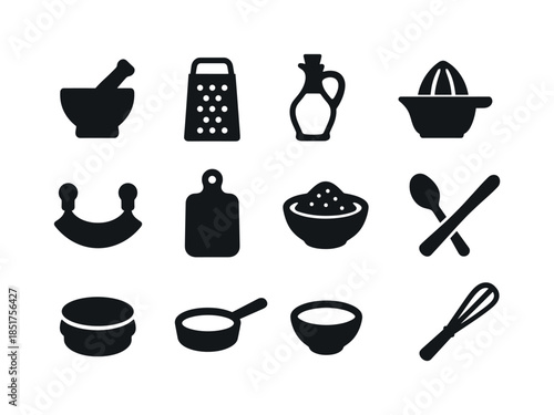 Mediterranean Kitchen Icons. Mediterranean kitchen tools. Solid