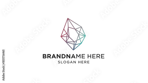 Vibrant gradient geometric faceted crystal logo, modern wireframe design, abstract polygonal shape.