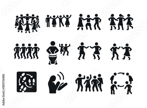 Traditional Dance Icons. Traditional group dance. Solid icon set