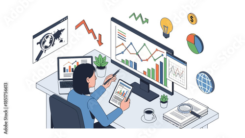 Woman Analyzing Data on Computer Screens.