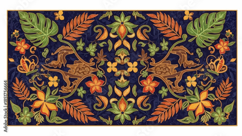 Intricate Persian rug design with mythical creatures and floral motifs.