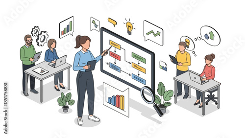 Woman presenting data to coworkers in office.