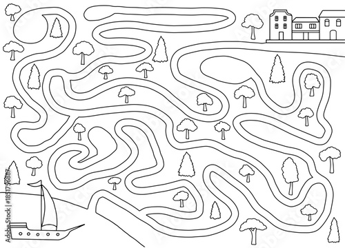 Ship city maze graphic black white sketch illustration vector