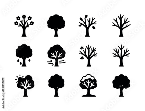 Seasonal Tree Icons. Seasons with tree. Solid icon set of Season