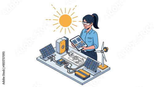 Woman Working on Solar Panel System Design.