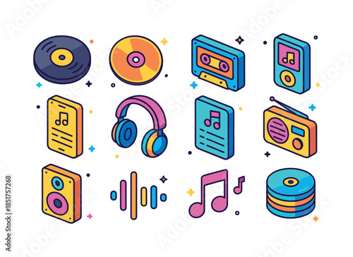 Colorful Music Icons. Music Media. Colorful isometric vector ico