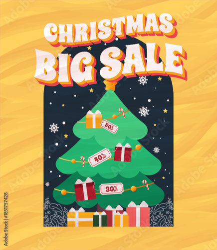 Christmas Big Sale with decorated tree and discount tags. Perfect for holiday promotions, seasonal sales, and eye-catching marketing campaigns