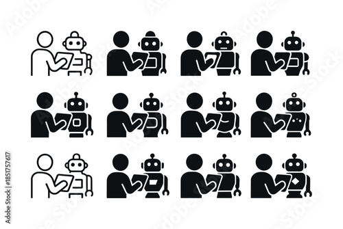 Robot Control Icons. A person controlling a robot via a tablet.