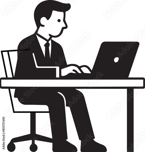 Web













Businessman working on laptop at desk, black and white icon
