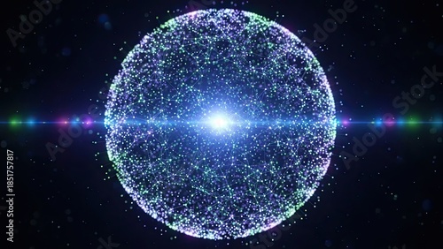 Vibrant glowing orb with radiant light and colorful particles in space