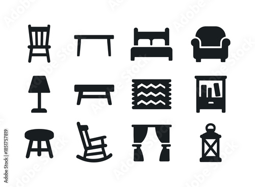 Cabin Icons Set. Cabin furniture. Solid icon set of cabin furnit