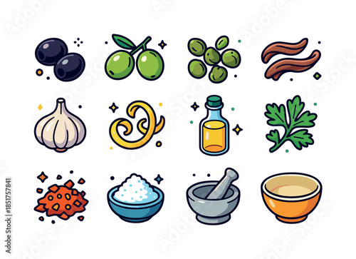 Tapenade Ingredients Icons. Tapenade Ingredients. Colorful isome