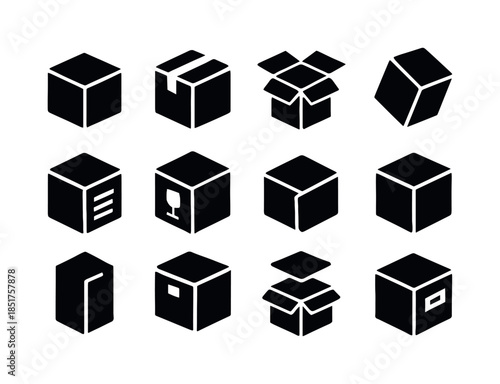 Black Packaging Icons. Packaging boxes. Solid icon set of packag