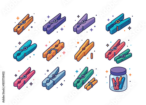 Colorful Clothespin Icons. Clothespins. Colorful isometric vecto