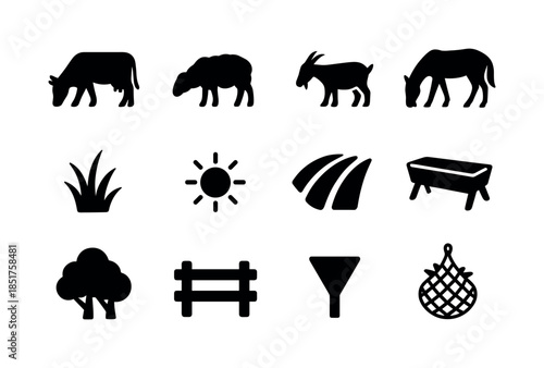 Grazing Field Icons. Field grazing. Solid icon set of Field graz