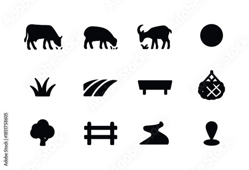 Grazing Field Icons. Field grazing. Solid icon set of Field graz
