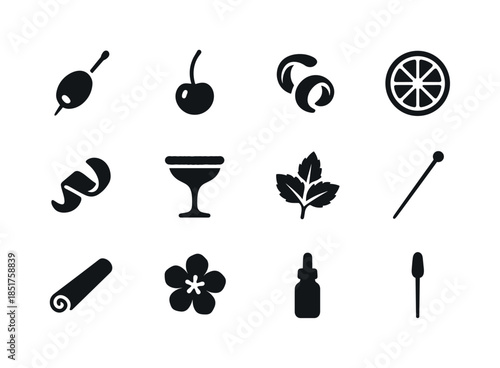 Cocktail Garnish Icons. Cocktail garnishes. Solid icon set of co