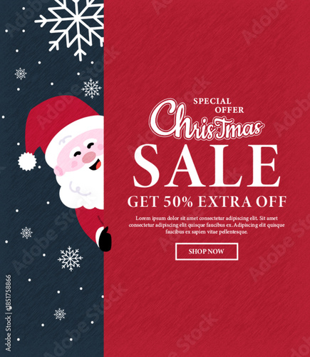 Christmas sale promotion with cheerful Santa and snowflakes, offering 50% extra discount. Ideal festive design for holiday marketing campaigns