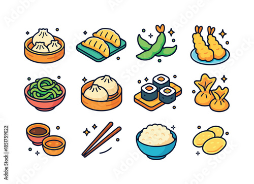 Asian Appetizer Icons. Asian Appetizers. Colorful isometric vect