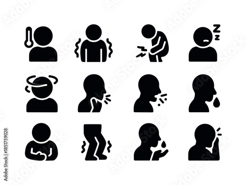 Flu Symptom Icons. Common flu signs. Solid icon set of Common fl