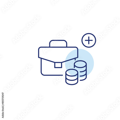 Coins in a stack, briefcase and plus. Growing finances, revenue and savings. Pixel perfect, editable stroke vector icon