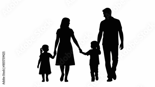 Silhouette of a happy family walking together holding hands.