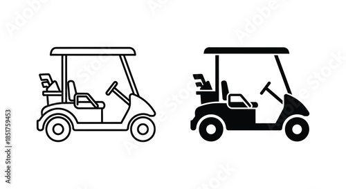 Two golf carts depicted in contrasting line styles one outline and one solid silhouette